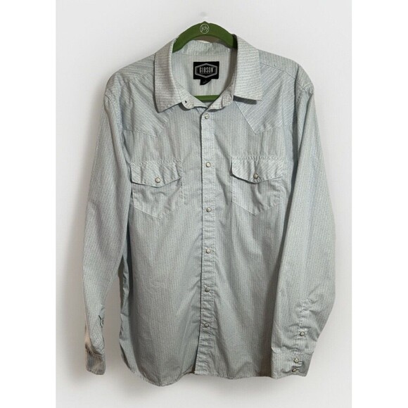 Gibson Mens Pearl Snap Shirt Long Sleeve Light Blue Stripe Western Rodeo Size L - Picture 1 of 9